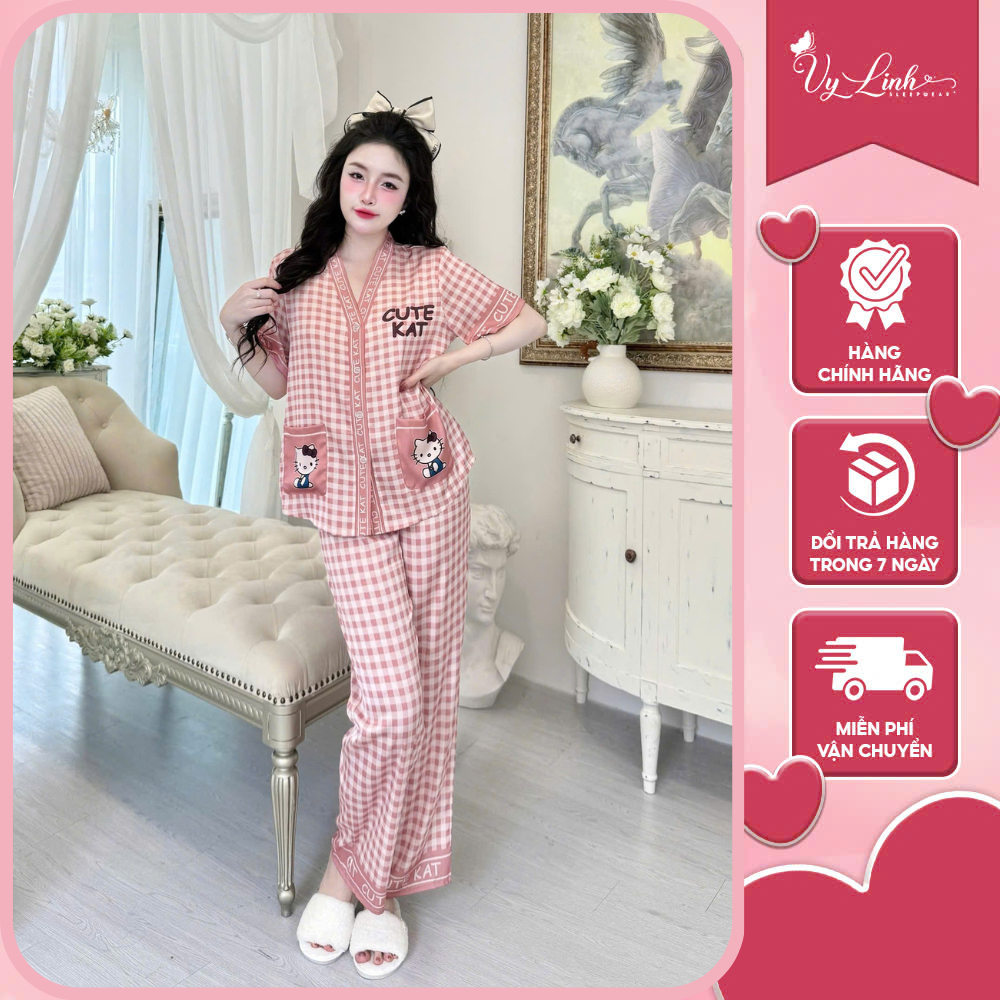Bộ nữ tay ngắn quần dài Vy Linh chất liệu lụa latin cổ Y thoáng mát thấm hút mồ hôi tốt, bề mặt vải mịn S1080 caro