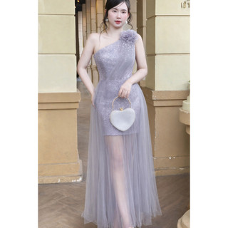 Váy dạ hội Lệch Vai Ánh Kim Sa, Phối Lưới Sang Trọng, váy dạ hội trung niên, M115