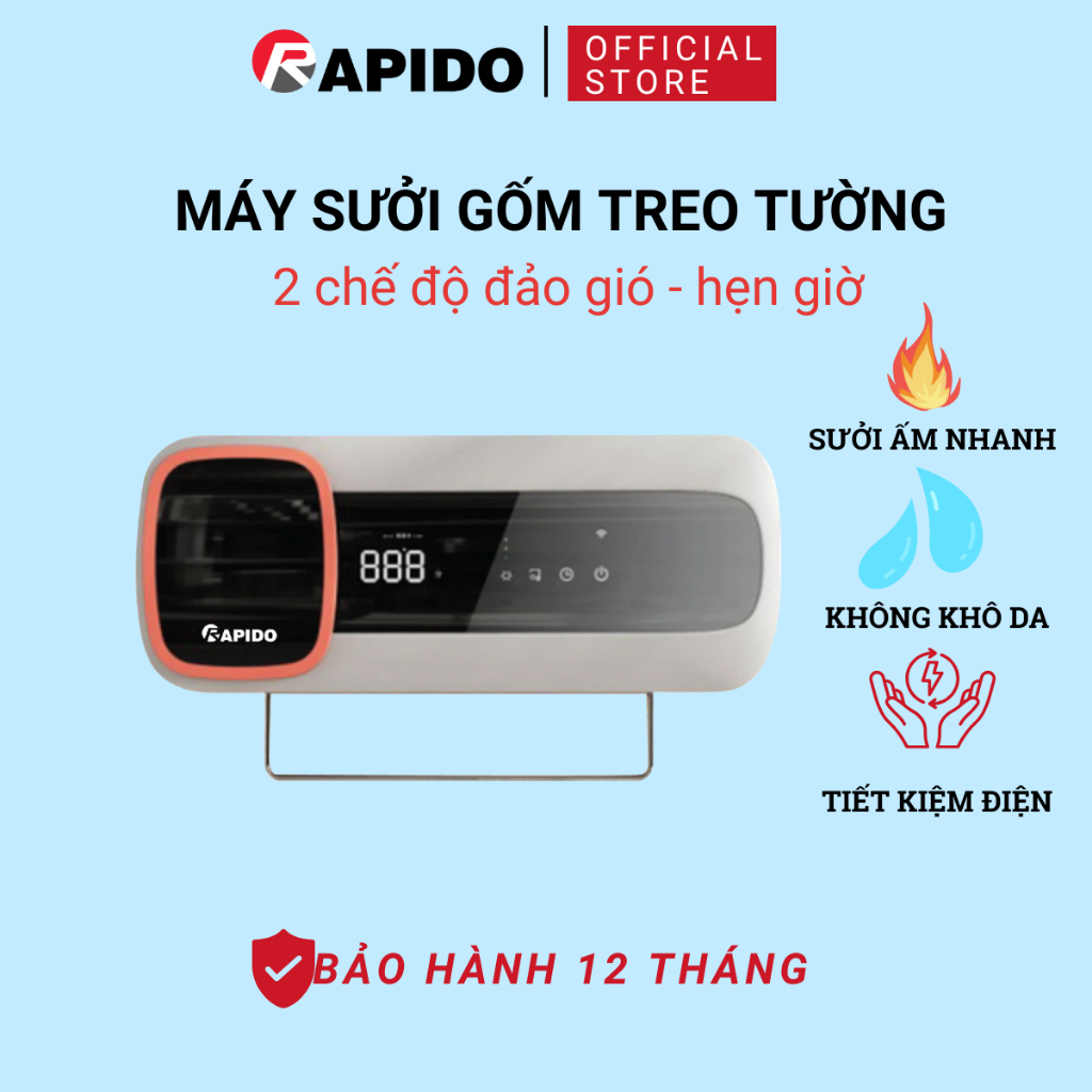 Máy sưởi gốm Rapido, Máy sưởi nhà tắm treo tường, 2 chế độ gió đảo chiều không khô da, BH 1 năm RCH2000-D2