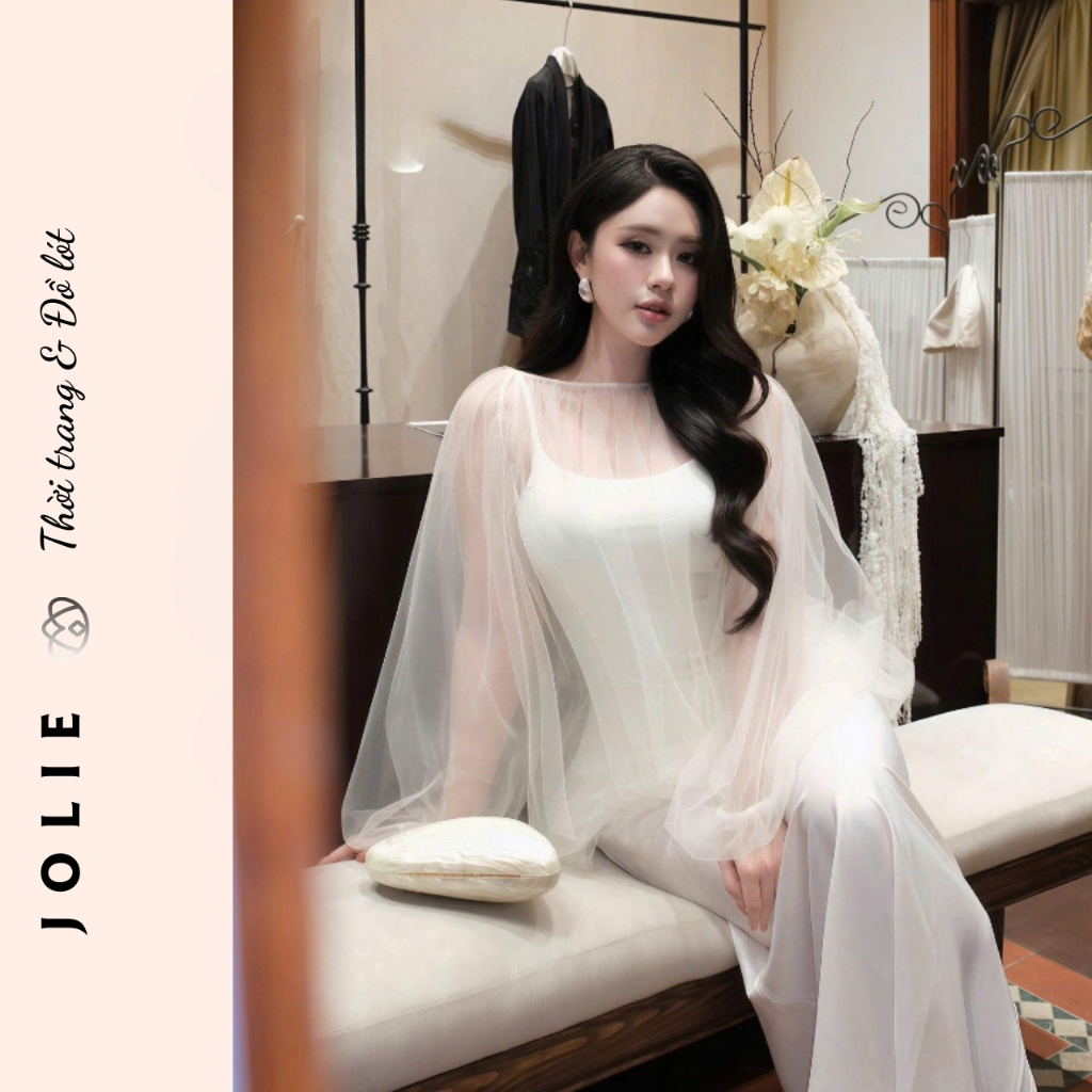 Đầm Lụa Hai Dây Trắng Choàng Voan Tơ Bồng Bềnh - Váy Tiểu Thư Sang Chảnh Dự Tiệc Cao Cấp Jolie