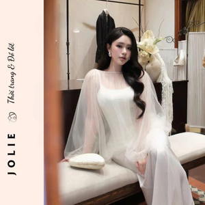 Đầm Lụa Hai Dây Trắng Choàng Voan Tơ Bồng Bềnh - Váy Tiểu Thư Sang Chảnh Dự Tiệc Cao Cấp Jolie