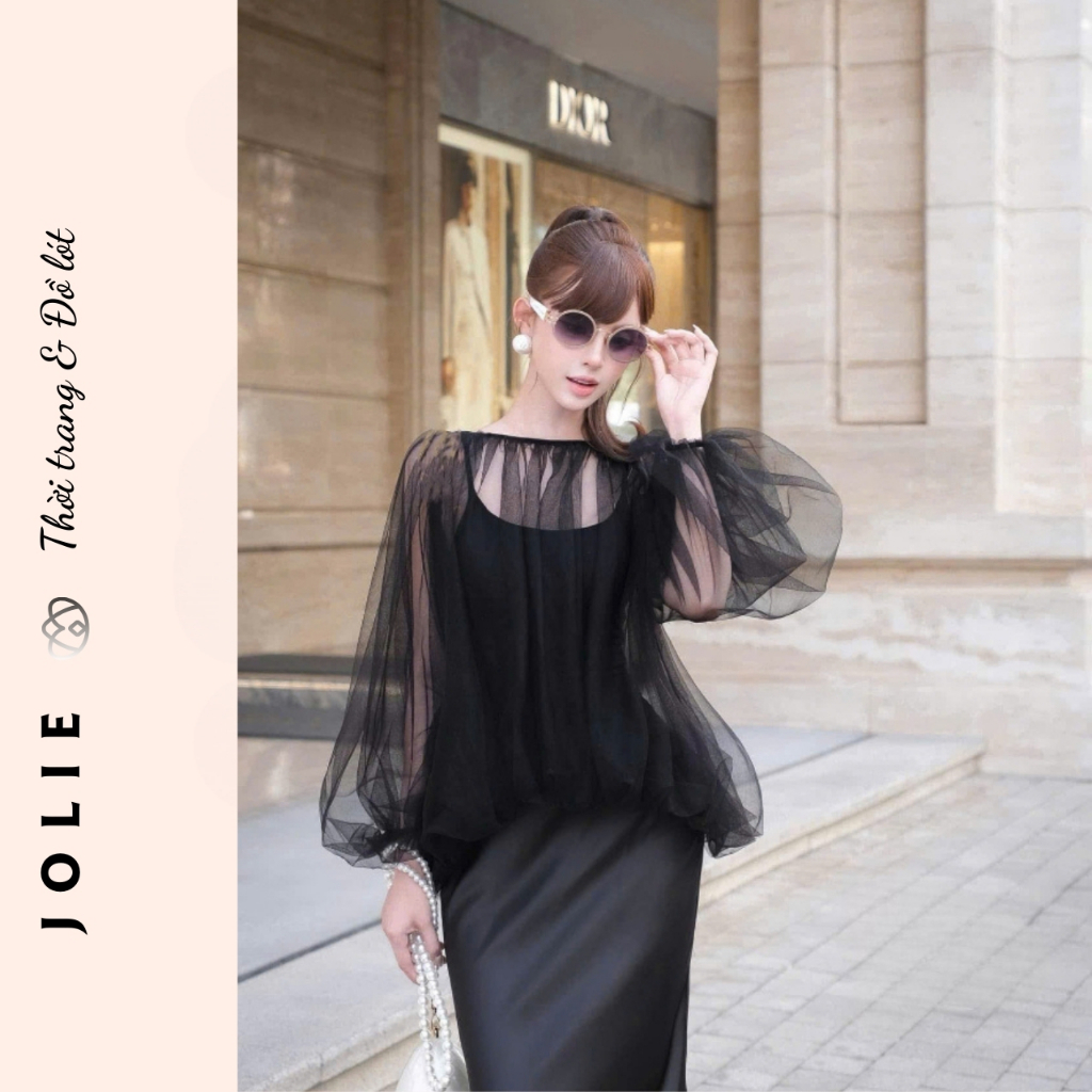 Đầm Lụa Hai Dây Trắng Choàng Voan Tơ Bồng Bềnh - Váy Tiểu Thư Sang Chảnh Dự Tiệc Cao Cấp Jolie