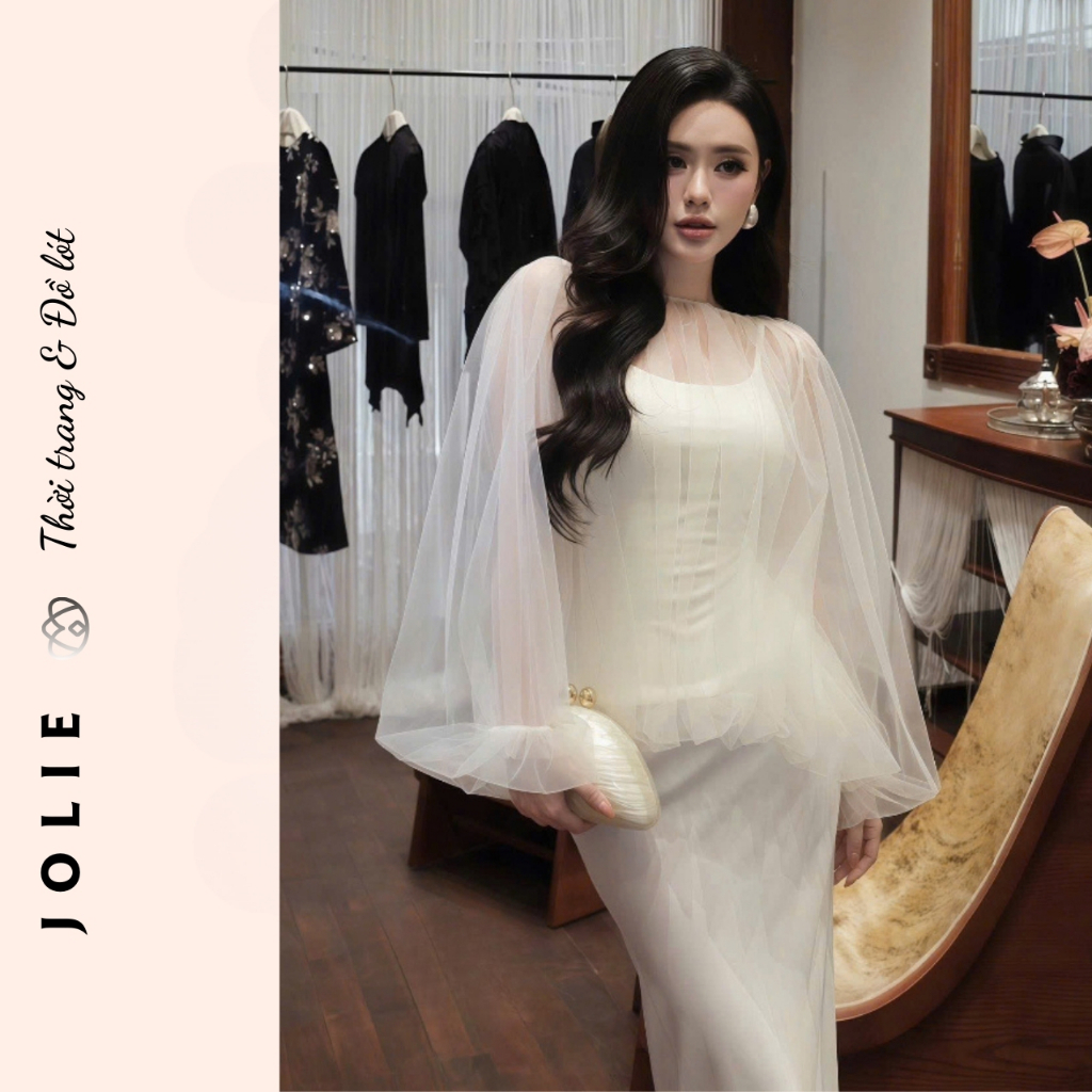 Đầm Lụa Hai Dây Trắng Choàng Voan Tơ Bồng Bềnh - Váy Tiểu Thư Sang Chảnh Dự Tiệc Cao Cấp Jolie