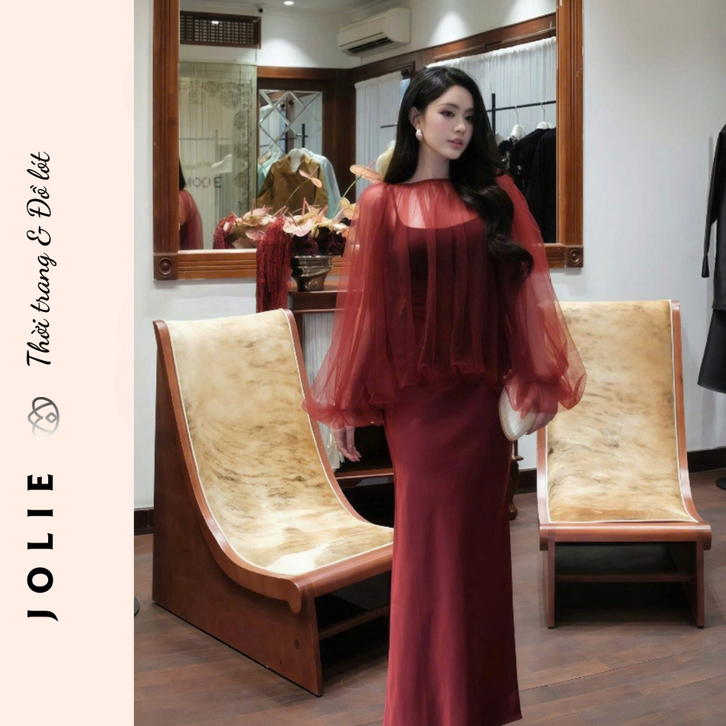 Đầm Lụa Hai Dây Trắng Choàng Voan Tơ Bồng Bềnh - Váy Tiểu Thư Sang Chảnh Dự Tiệc Cao Cấp Jolie