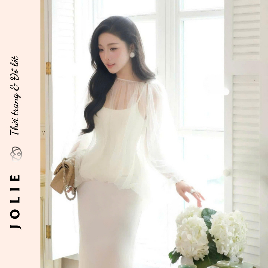 Đầm Lụa Hai Dây Trắng Choàng Voan Tơ Bồng Bềnh - Váy Tiểu Thư Sang Chảnh Dự Tiệc Cao Cấp Jolie