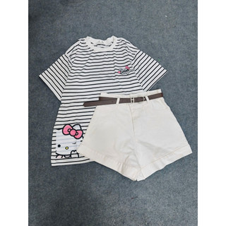 Set bộ áo thun kẻ sọc form rộng in kitty aimes mix quần short gập gấu trắng