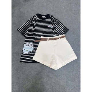 Set bộ áo thun kẻ sọc form rộng in kitty aimes mix quần short gập gấu trắng