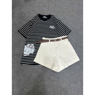 Set bộ áo thun kẻ sọc form rộng in kitty aimes mix quần short gập gấu trắng