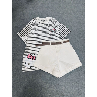 Set bộ áo thun kẻ sọc form rộng in kitty aimes mix quần short gập gấu trắng