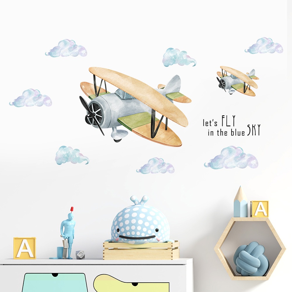 Decal Dán Tường Máy Bay Và Bầu Trời Dễ Thương Có Keo Sẵn 160x80cm - Trang Trí Phòng Ngủ Cho Bé