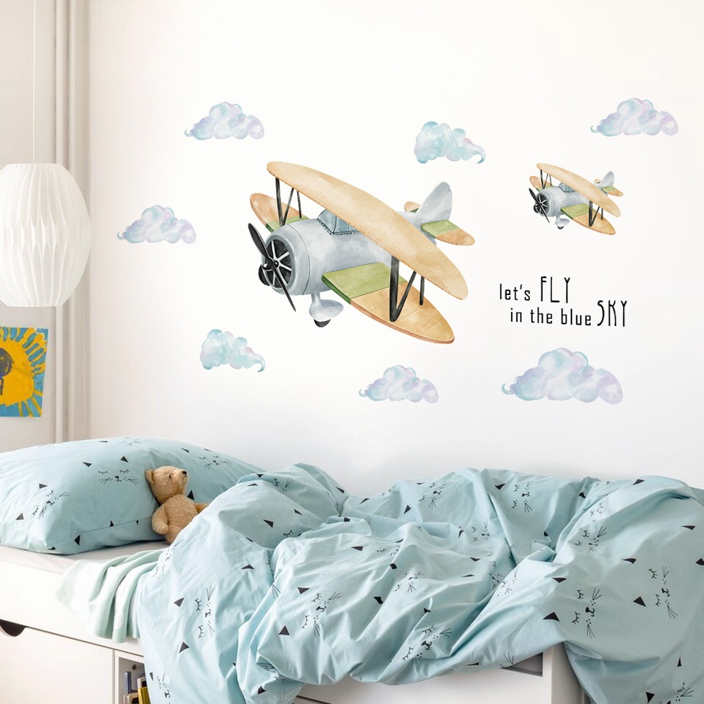 Decal Dán Tường Máy Bay Và Bầu Trời Dễ Thương Có Keo Sẵn 160x80cm - Trang Trí Phòng Ngủ Cho Bé
