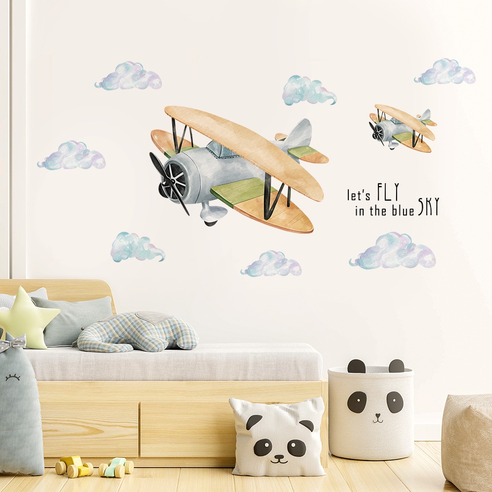 Decal Dán Tường Máy Bay Và Bầu Trời Dễ Thương Có Keo Sẵn 160x80cm - Trang Trí Phòng Ngủ Cho Bé
