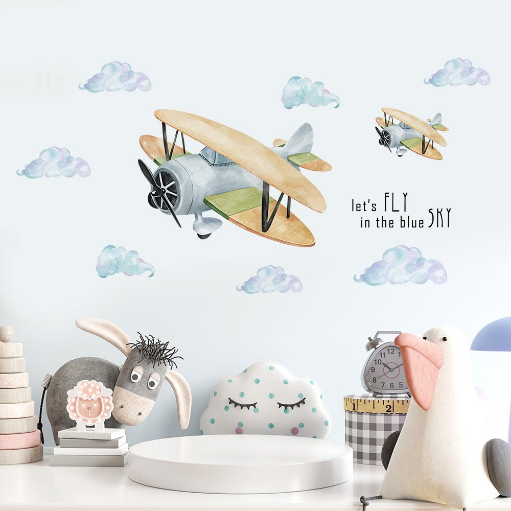 Decal Dán Tường Máy Bay Và Bầu Trời Dễ Thương Có Keo Sẵn 160x80cm - Trang Trí Phòng Ngủ Cho Bé