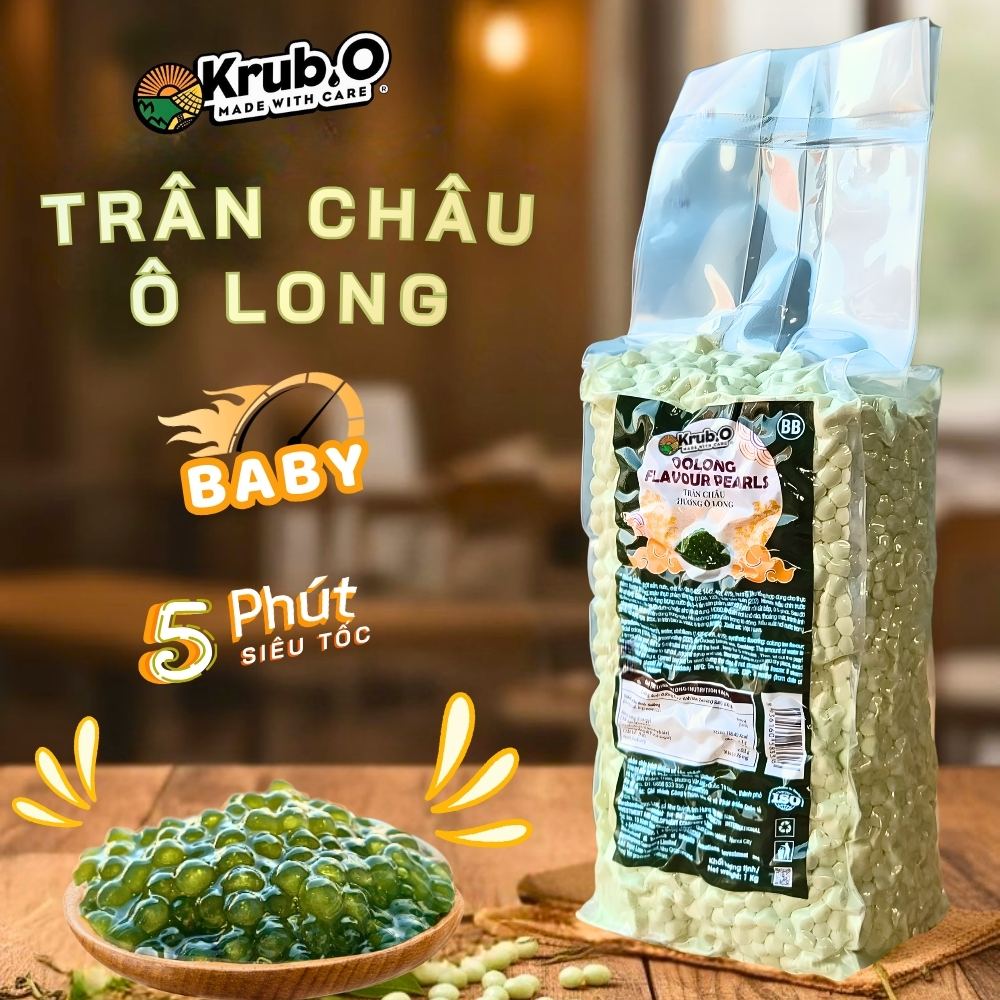 Trân Châu Olong Baby Krub.O 1kg - Thơm Đậm Vị Trà, Dẻo Mềm, Nấu siêu Nhanh, siêu tiết kiệm, Topping Cao Cấp Cho Quán