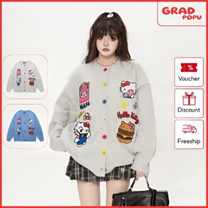 Áo khoác GRADPOPU dệt kim cổ tròn dáng rộng thêu họa tiết HollyKitty dễ thương dành cho nữ AK282