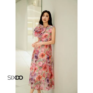 Đầm tơ organza hoa 3D không tay cổ tròn SIXDO (Colorful 3D Flower Organza Flared Dress)