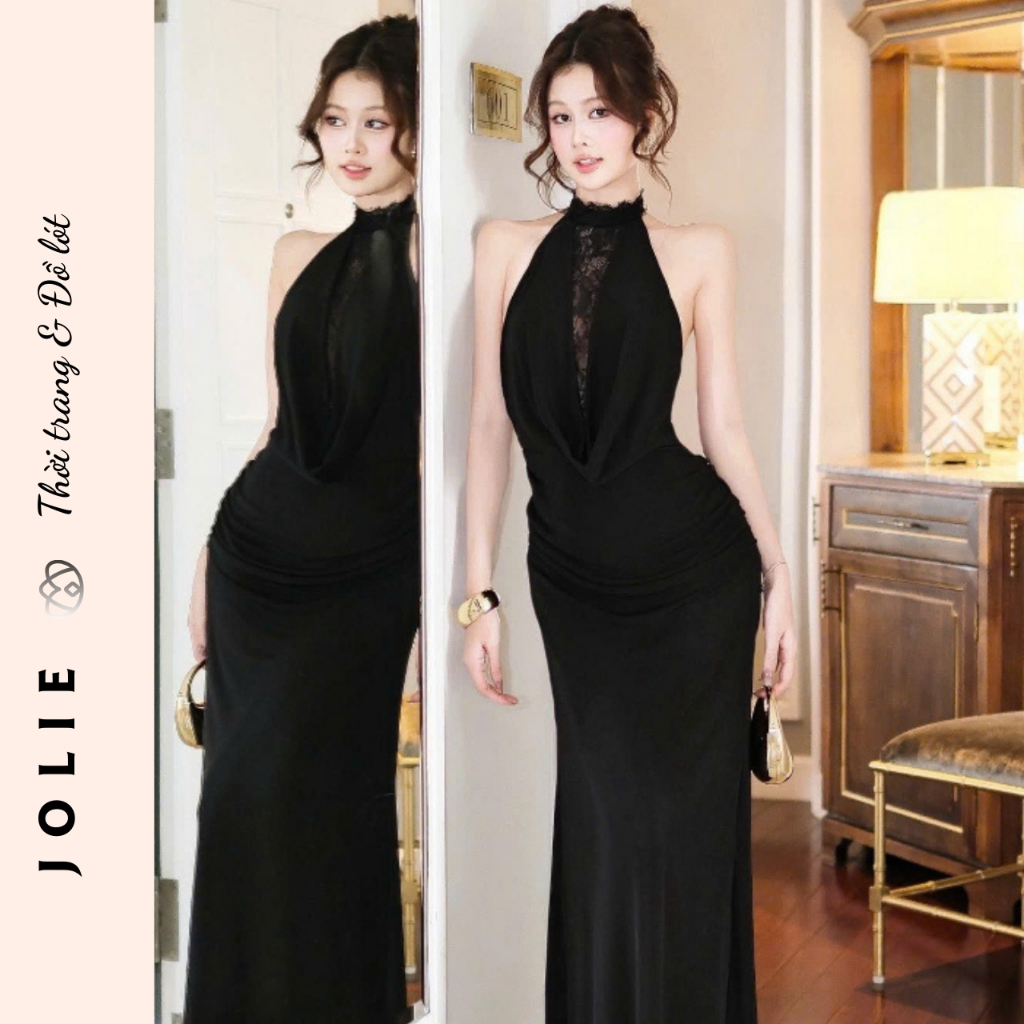 Đầm Dự Tiệc Cổ Yếm Phối Ren Cao Cấp Jolie - Váy Body Dáng Dài Quyến Rũ Sang Chảnh