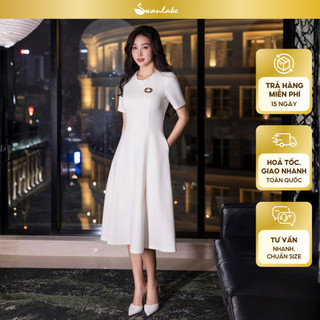SWANLAKE | Váy Đầm Midi Nữ Phom A Vải Thun Dày Cổ Tròn Tay Ngắn Có Túi Công Sở Đi Tiệc D13379