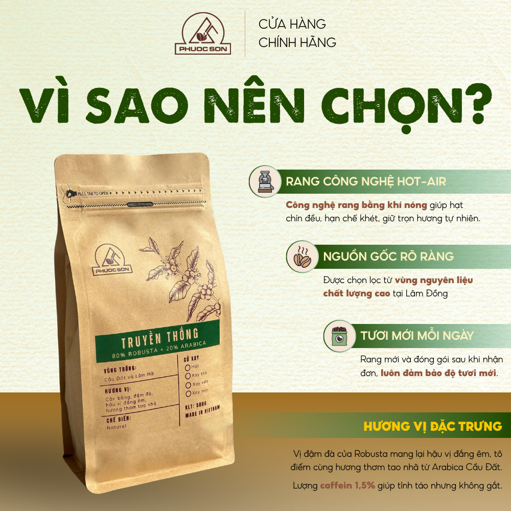 Cà phê Truyền Thống Phước Sơn - Cà phê rang xay tự nhiên công nghệ cao từ Lâm Đồng