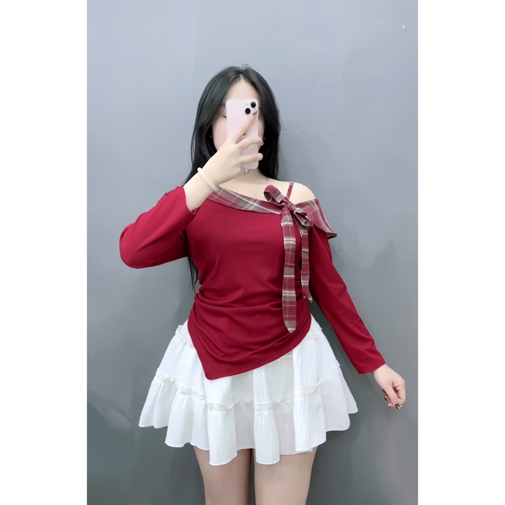 Set Áo Thun Lệch Vai Bigsize Nữ Vải Tăm Lạnh Phối Caro Kèm Chân Váy Xòe Xốp Đôi A333+CV409
