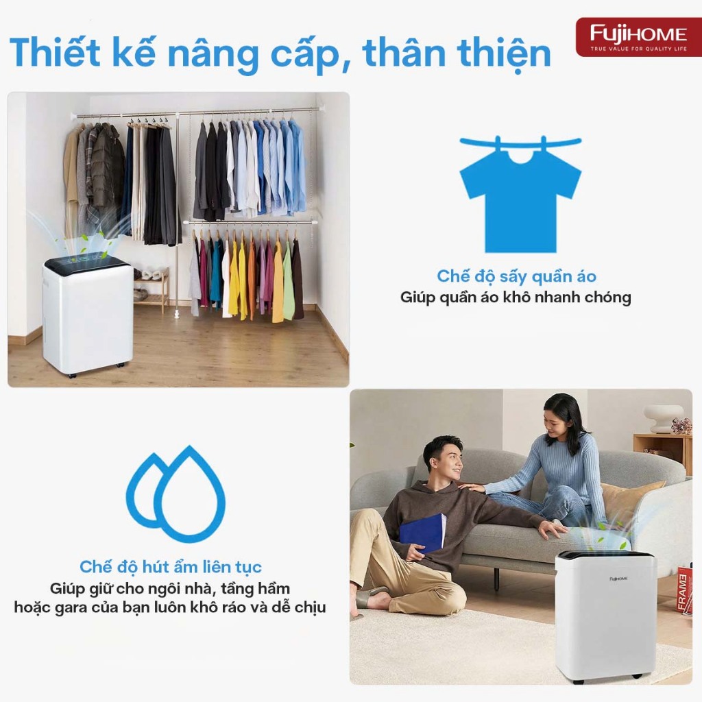 Máy hút ẩm dân dụng cao cấp FUJIHOME DH35W-HEPA, máy hút ẩm sấy quần áo lọc bụi mịn đa năng