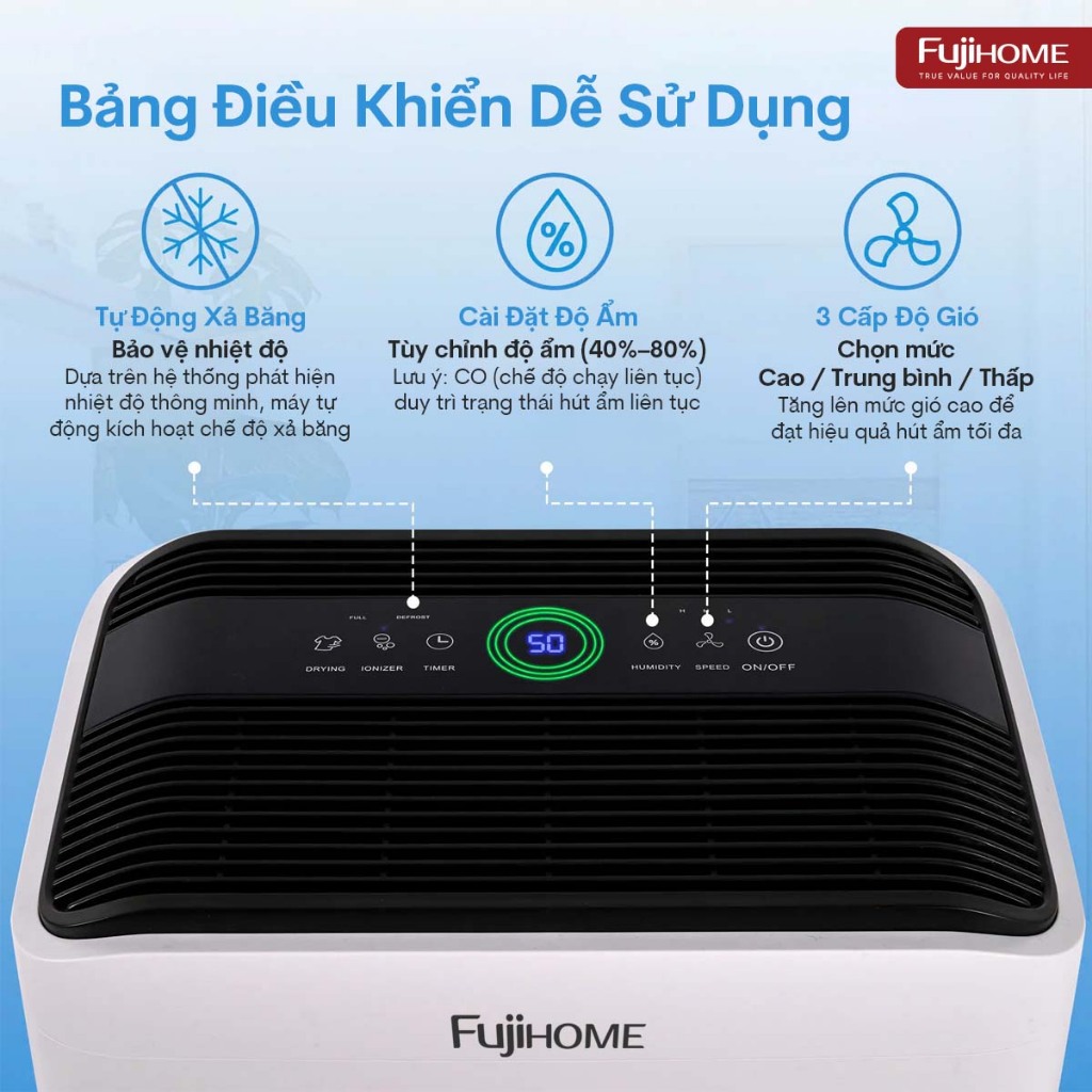 Máy hút ẩm dân dụng cao cấp FUJIHOME DH35W-HEPA, máy hút ẩm sấy quần áo lọc bụi mịn đa năng