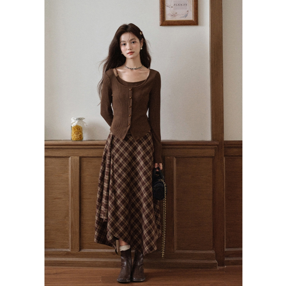 [KH06] Chân váy dài caro nâu dáng bất đối xứng phối khoá cài vintage thanh lịch | KHAO Boutique