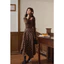 Chân váy dài caro nâu dáng bất đối xứng phối khoá cài vintage thanh lịch | KHAO Boutique