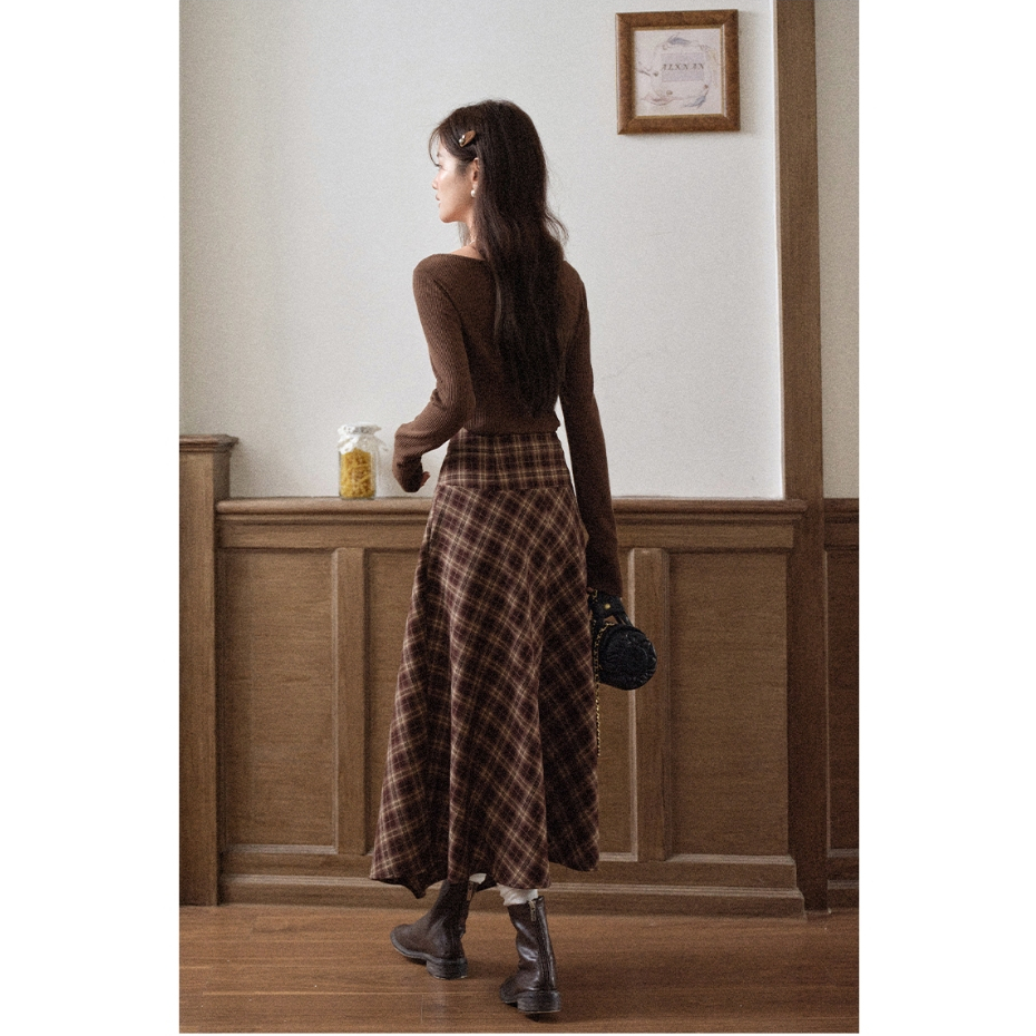 [KH06] Chân váy dài caro nâu dáng bất đối xứng phối khoá cài vintage thanh lịch | KHAO Boutique