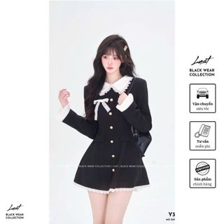 Đầm đen thiết kế cổ phối viền ren trắng tay dài LUST Váy Ullzzang tiểu thư dự tiệc sang chảnh Y312