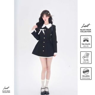 Đầm đen thiết kế cổ phối viền ren trắng tay dài LUST Váy Ullzzang tiểu thư dự tiệc sang chảnh Y312