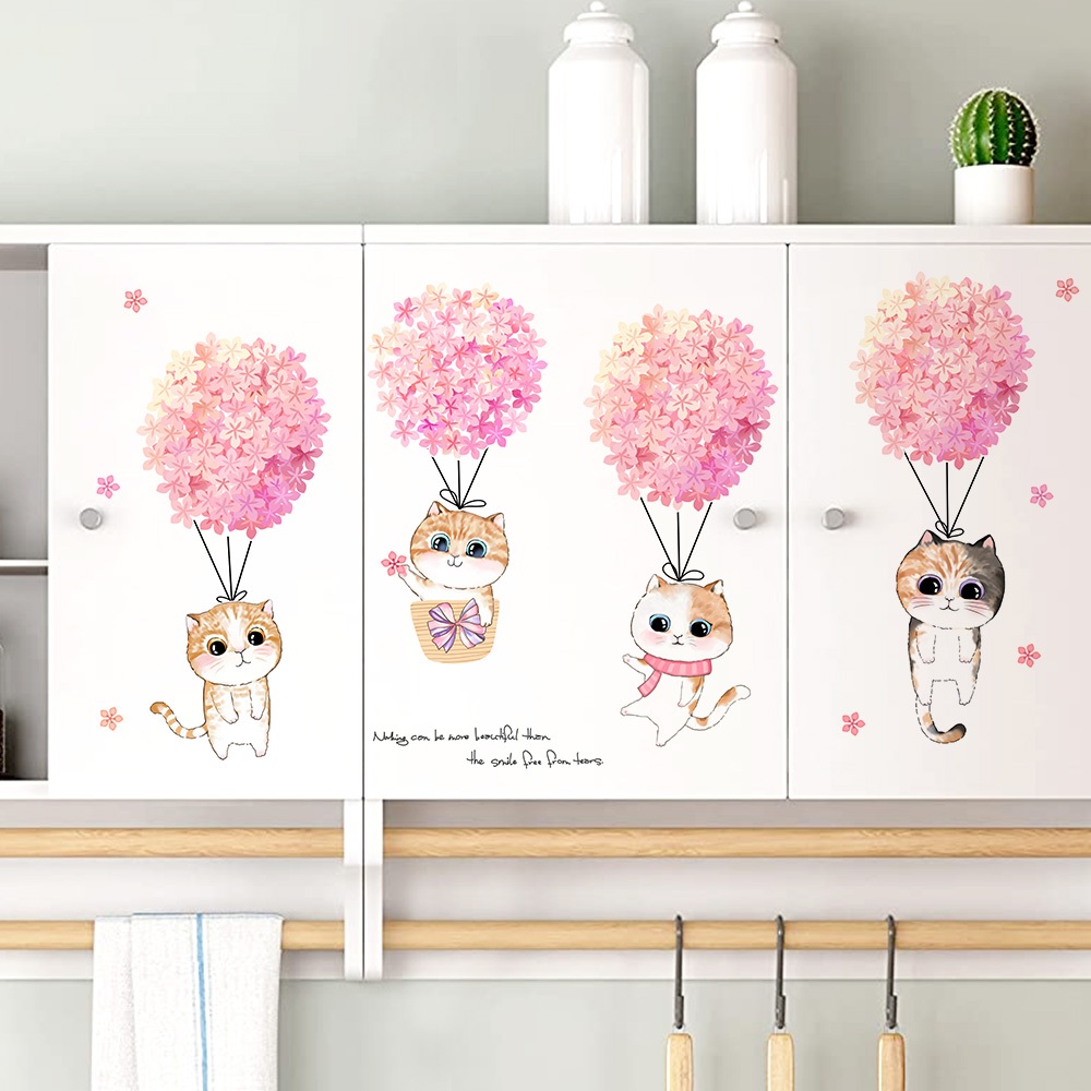 Decal Dán Tường Hình Mèo Hoa Hồng Dễ Thương Có Keo Sẵn 82x46cm – Trang Trí Phòng Ngủ Bé