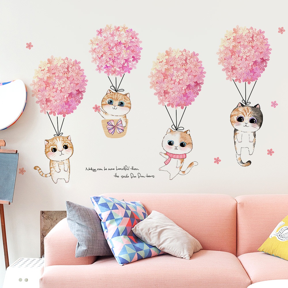 Decal Dán Tường Hình Mèo Hoa Hồng Dễ Thương Có Keo Sẵn 82x46cm – Trang Trí Phòng Ngủ Bé