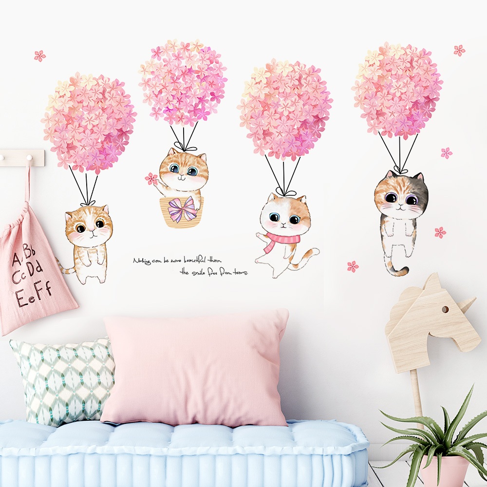 Decal Dán Tường Hình Mèo Hoa Hồng Dễ Thương Có Keo Sẵn 82x46cm – Trang Trí Phòng Ngủ Bé
