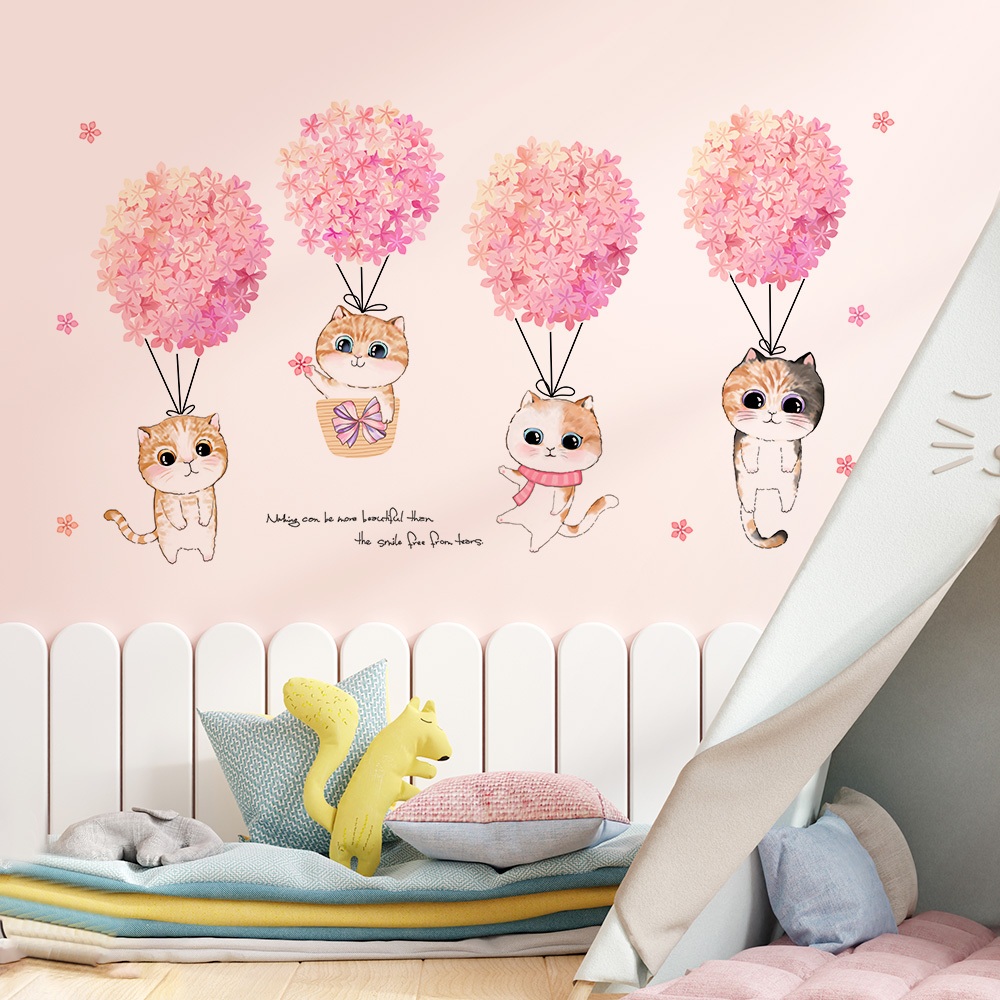 Decal Dán Tường Hình Mèo Hoa Hồng Dễ Thương Có Keo Sẵn 82x46cm – Trang Trí Phòng Ngủ Bé