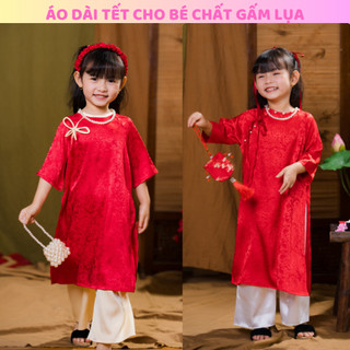 Áo dài cách tân bé gái mặc Tết đi chơi lễ hội, set áo dài cho bé gái size đại 43kg, Áo dài chất gấm lụa DA02 - BIATON
