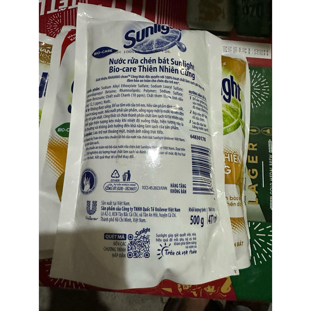 COMBO  5 Bịch rửa chén Sunlight  Gừng ,Túi 500 g)——