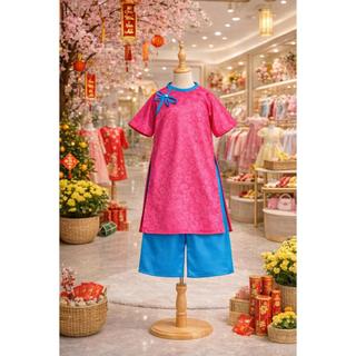Áo dài cách tân bé gái mặc Tết đi chơi lễ hội, set áo dài cho bé gái size đại 43kg, Áo dài chất gấm lụa DA02 - BIATON