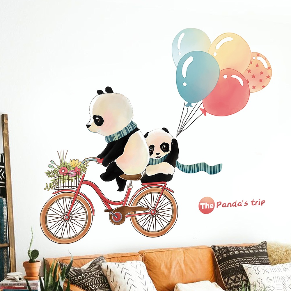 Decal Dán Tường Gấu Trúc Đạp Xe Bóng Bay Có Keo Sẵn 96x82cm - Trang Trí Phòng Bé Dễ Thương