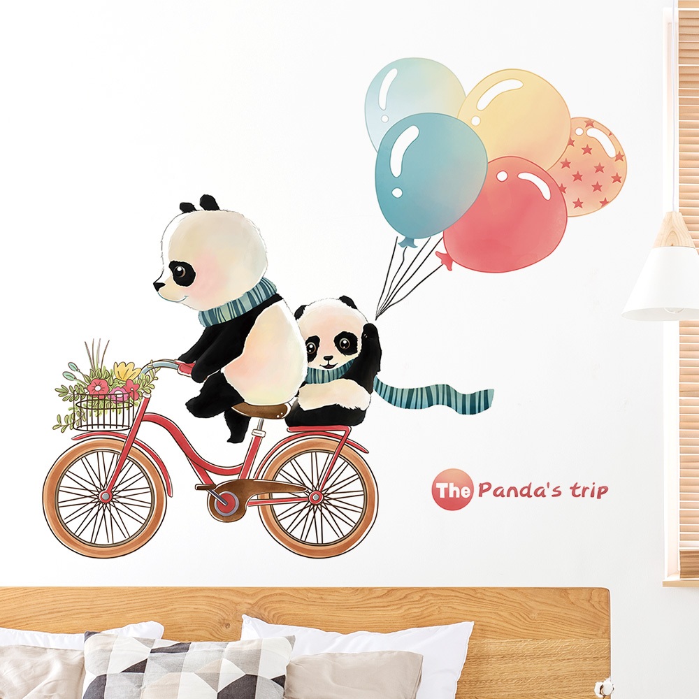 Decal Dán Tường Gấu Trúc Đạp Xe Bóng Bay Có Keo Sẵn 96x82cm - Trang Trí Phòng Bé Dễ Thương