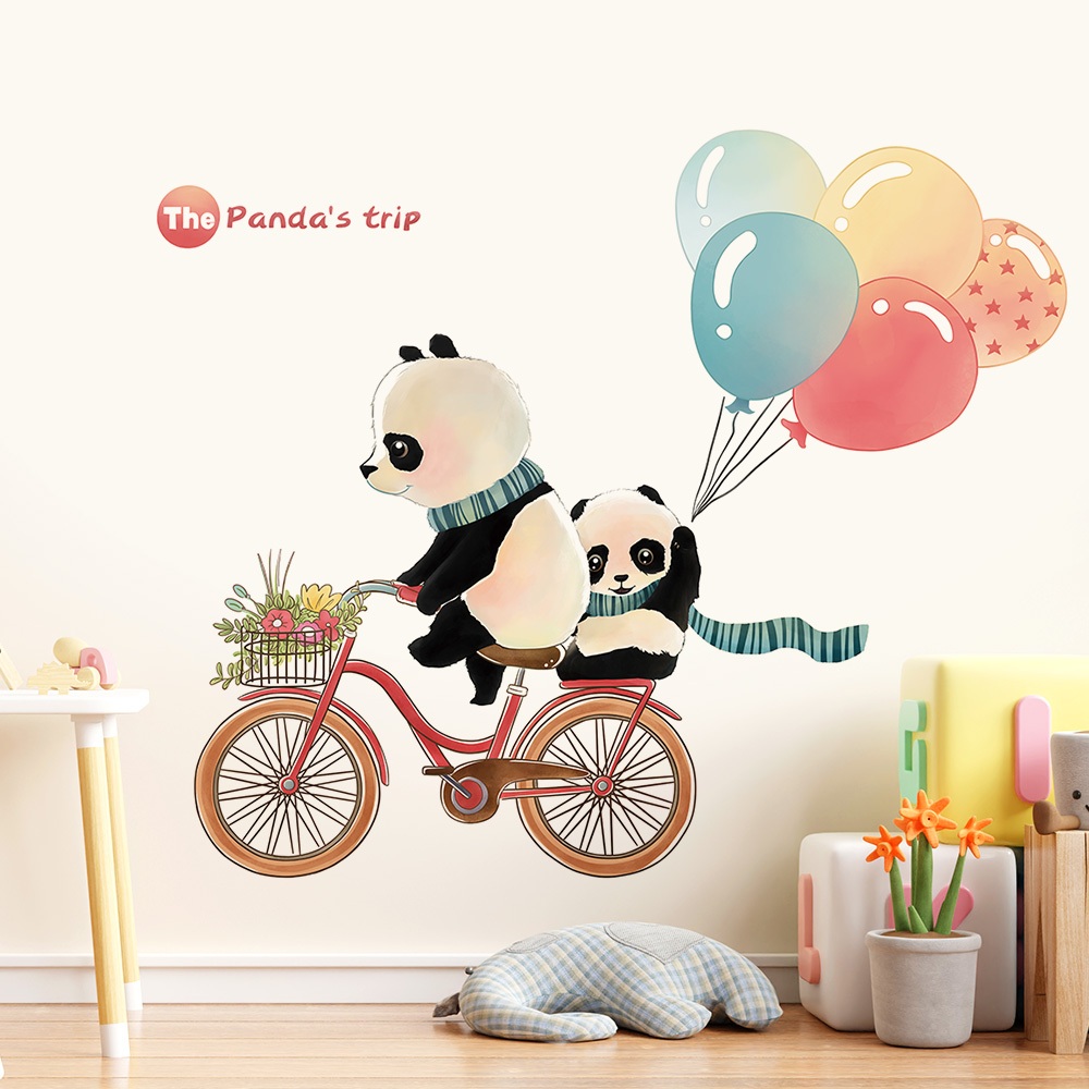 Decal Dán Tường Gấu Trúc Đạp Xe Bóng Bay Có Keo Sẵn 96x82cm - Trang Trí Phòng Bé Dễ Thương