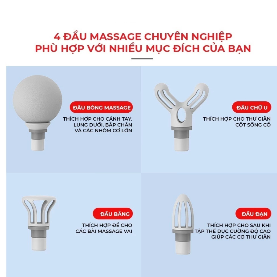 Máy massage Máy đấm lưng cầm tay Trị nhức mỏi vai gáy căng cứng cơ với 4 đầu và 6 chế độ