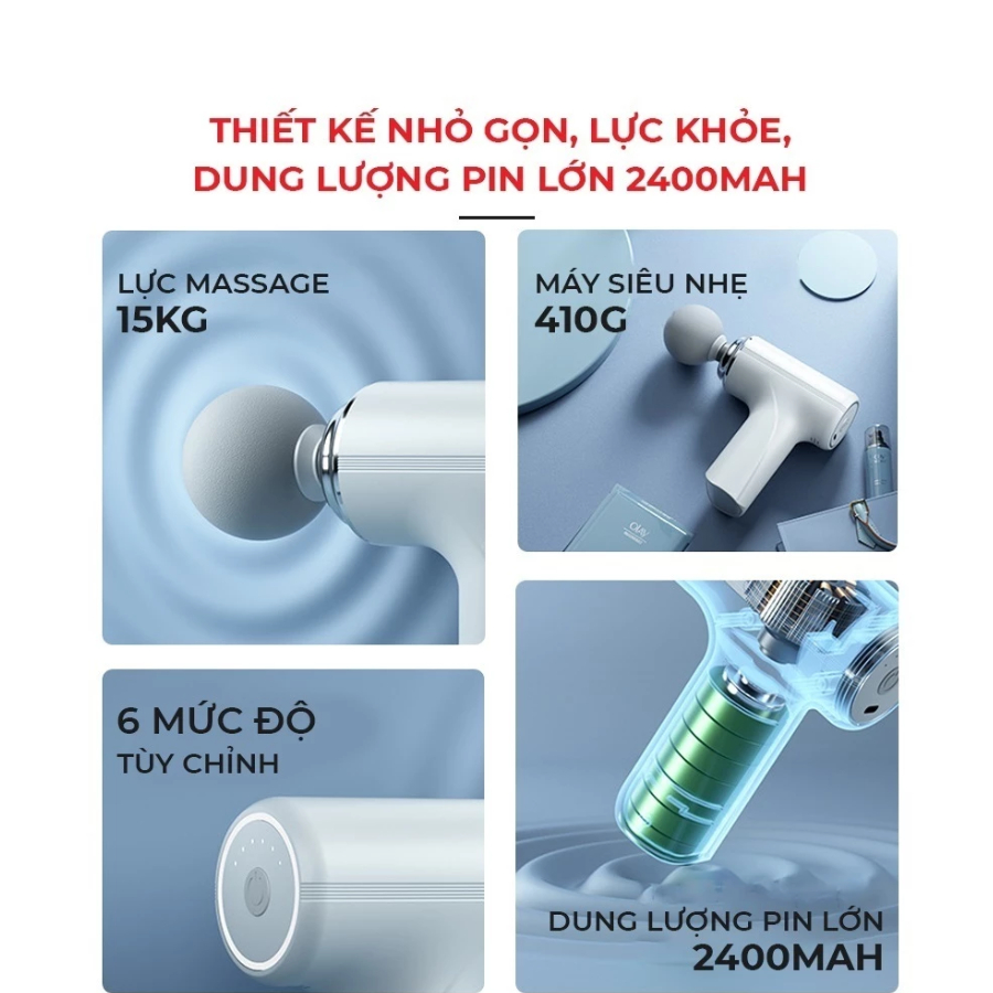 Máy massage Máy đấm lưng cầm tay Trị nhức mỏi vai gáy căng cứng cơ với 4 đầu và 6 chế độ