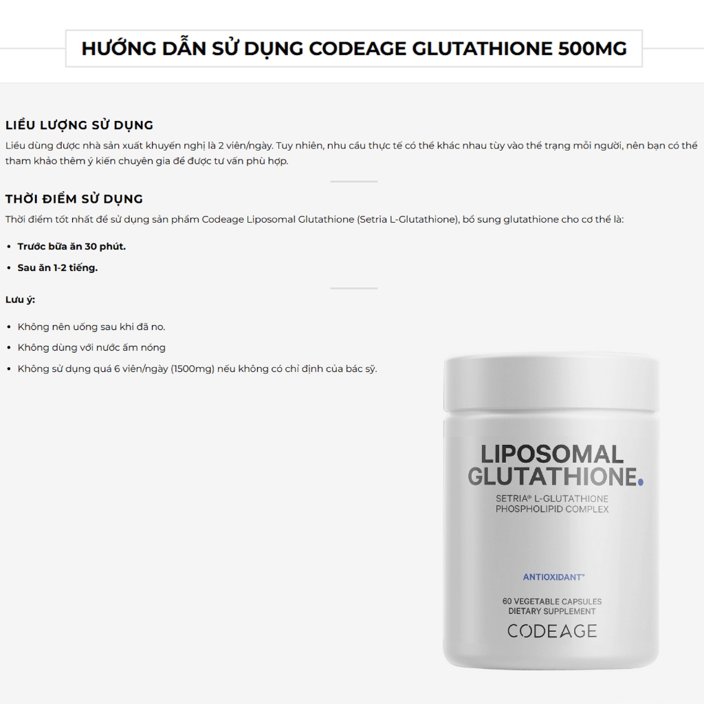 Viên Uống Chăm Sóc Da Codeage Liposomal Setria L-Glutathione (60 Viên) Cải Thiện Mờ Thâm Sạm Nám, Da Sáng Khỏe