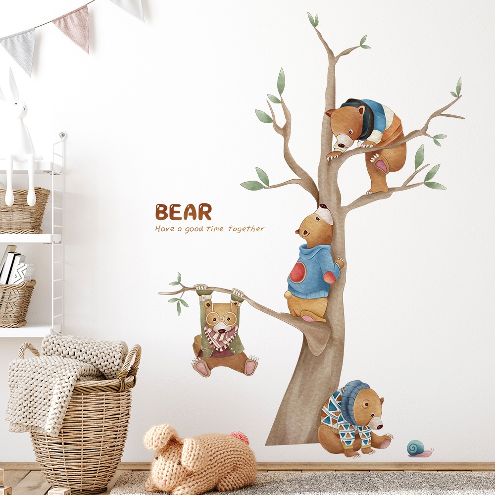 Decal Dán Tường Gia Đình Gấu Leo Cây Đáng Yêu Có Keo Sẵn 88x127cm -  Trang Trí Phòng Bé