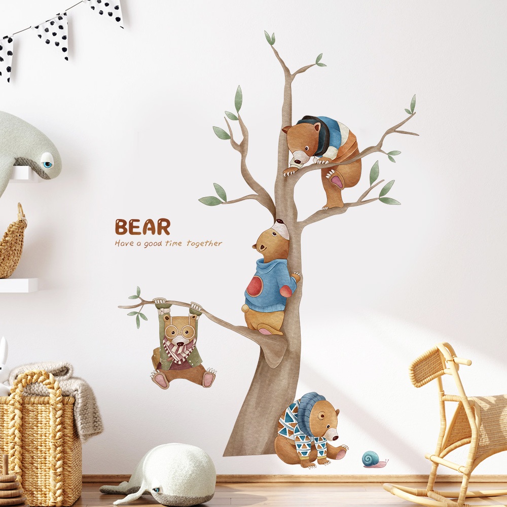 Decal Dán Tường Gia Đình Gấu Leo Cây Đáng Yêu Có Keo Sẵn 88x127cm -  Trang Trí Phòng Bé