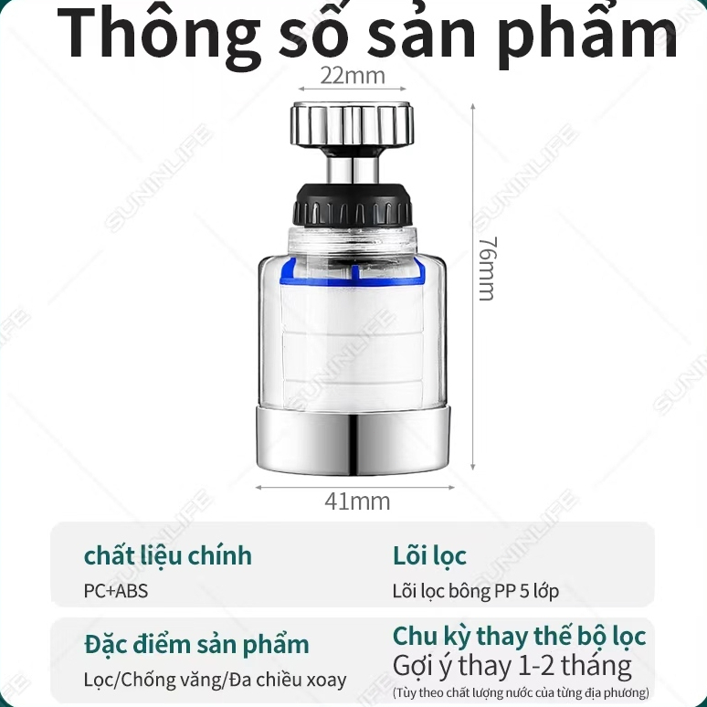 Bộ Lọc Nước Tại Vòi Rửa Bát Đa Năng - Đầu Vòi Tăng Áp Xoay 360 Độ, Lọc Sạch Cặn & Khử Clo