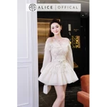 Váy Nữ Dự Tiệc Alice Chất Ren 3D Cao Cấp Đính Hoa Nổi Thủ Công, Đầm Ngắn Trễ Vai Phối Tơ Xốp Khóa Dọc V1443 — ảnh 6