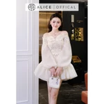 Váy Nữ Dự Tiệc Alice Chất Ren 3D Cao Cấp Đính Hoa Nổi Thủ Công, Đầm Ngắn Trễ Vai Phối Tơ Xốp Khóa Dọc V1443 — ảnh 3