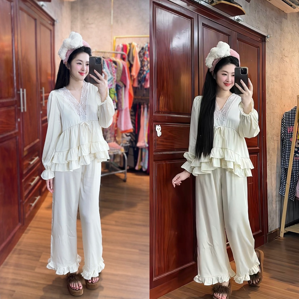 40-65k Bộ ngủ pijama tay TIỂU THƯ TRƠN mặc nhà cho nữ lụa mịn sang women